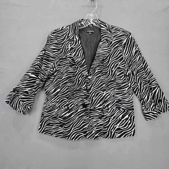 Notations Petite Black Zebra Jacket Stretch Button Up 3/4 Sleeves Women's Size L - Picture 2 of 11